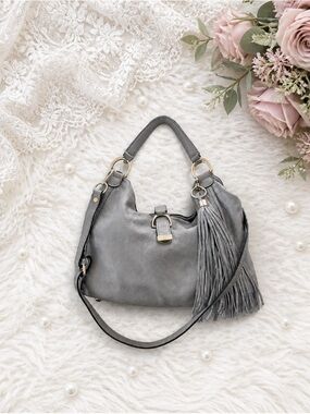 G.I.L.I. Stirrup Hobo Grey Leather Fringe Tassel Large Slouchy Shoulder Bag MINT